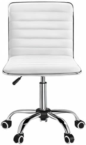 Furmax Vanity Office Desk Chair with Wheels, Armless Small Cute Leather Makeup Computer Task Chair Adjustable Height 360° Swivel (White)