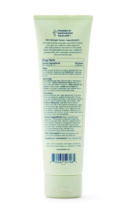 New~Pip~ette Zinc Oxide Mineral Sunscreen SPF 50 – Hypoallergenic & Vegan Sun Lotion – 3 fl oz pack 1