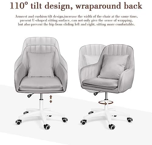 Mid Back Velvet Vanity Chair Swivel Rolling Desk Chair with Wheels, Modern Upholstered Makeup Chair for Women Girls, Computer Task Chair for Bedroom Living Room Office, Gray
