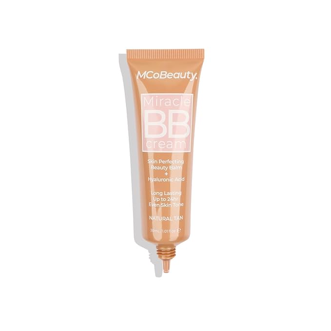 MCoBeauty Miracle BB Cream Natural Tan - Skin Tint Foundation Primer with Hyaluronic Acid Glycerin - Lightweight Dewy Coverage Tinted Moisturizer for Face - Vegan Cruelty Free Makeup, Tone Balancing