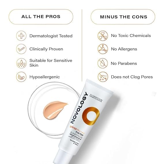 Novol.ogy SPF 50 PA++++ Tinted Sunscreen for Pigmentation, Dark Spots and Acne Marks | Blends into Natural Finish | For All Skin Types | 50 g