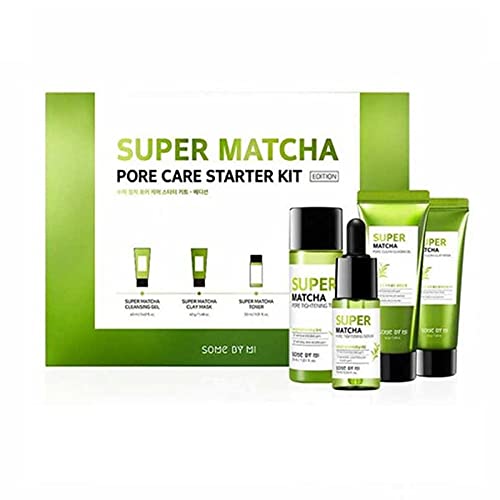 SOME BY MI Super Matcha Pore Care Starter Kit/Toner 1.01Oz, Serum 0.33Oz, Cleansing Gel 1.42Oz, Clay Mask 1.48Oz / Sebum, Anti-wrinkle and Trouble Care/Facial Skin Care Set