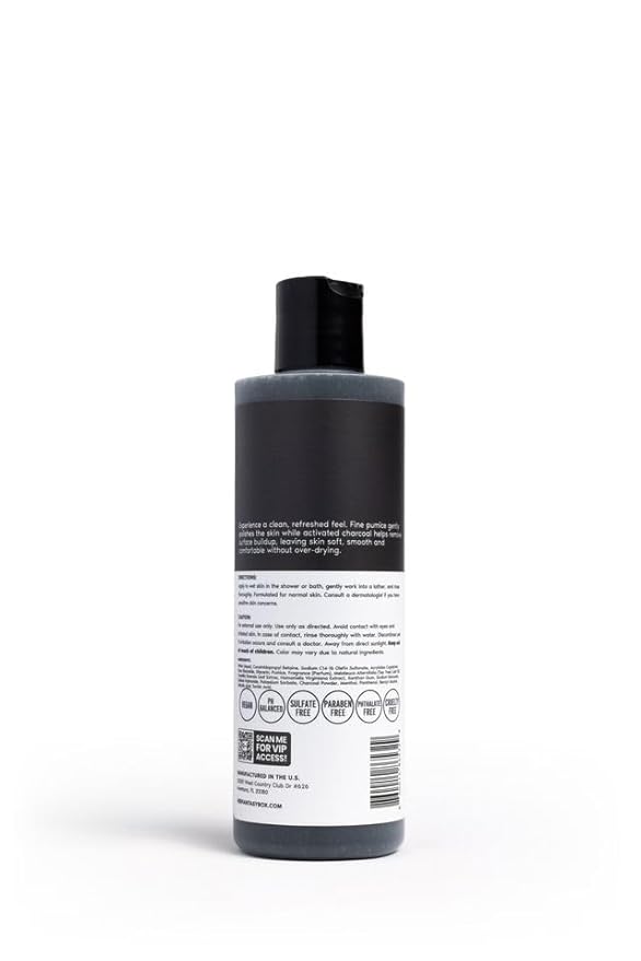 Her Fantasy Box | Charcoal Detox Exfoliating Body Wash – Activated Charcoal & Pumice Deep Cleanser with Tea Tree & Eucalyptus, Refreshing Exfoliation for Smoother Skin, Vegan & pH Balanced (8 oz)