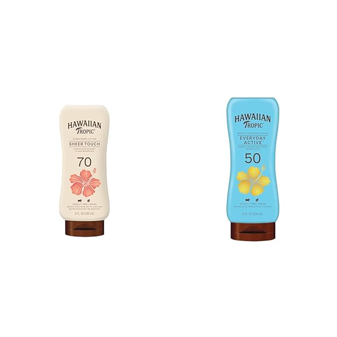 Hawaiian Tropic Sheer Touch Ultra Radiance SPF 70 and Everyday Active SPF 50 Sunscreen Lotions Bundle, 8oz Each | Hawaiian Tropic Sunscreen Bundle