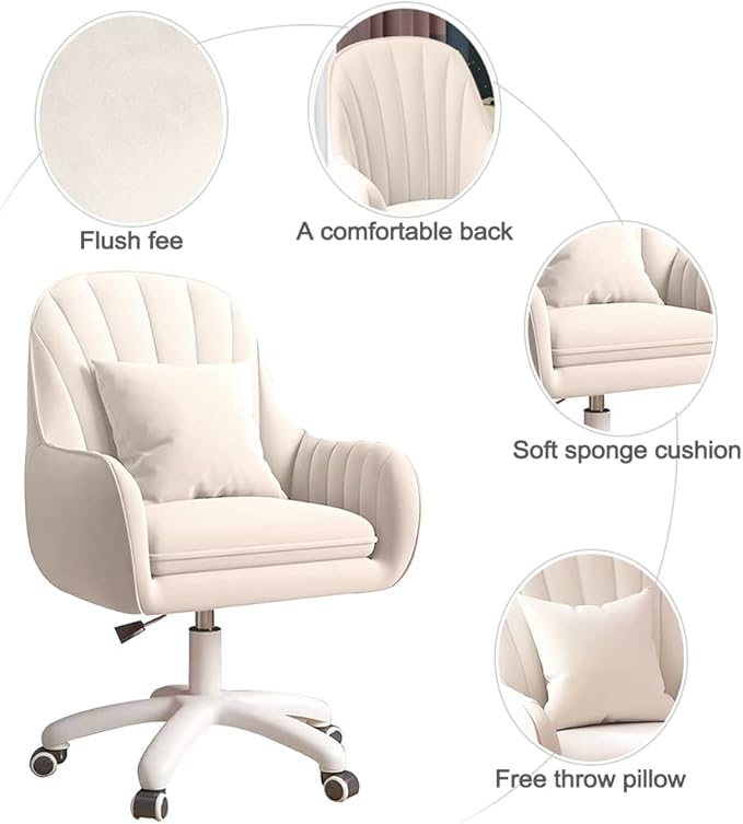 Velvet Desk Chair with Pillow Upholstered Vanity Chair for Girls Women, Home Office Computer Task Chair with Wheels Swivel Rolling Accent Chair for Living Room, Bedroom