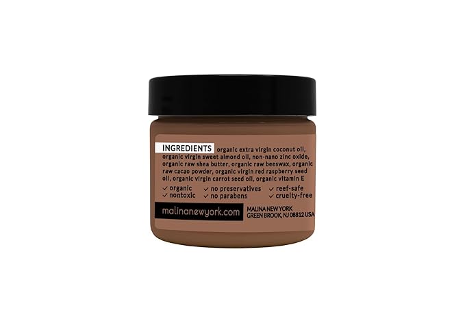 Malina™ Organic Chocolate Tinted Natural Sunscreen | SPF 30+ | Nontoxic | Reef-Safe | No Preservatives | No Synthetic Fragrance | 3 Shades | With Non-Nano Zinc-Oxide (2 Fl Oz, Dark)