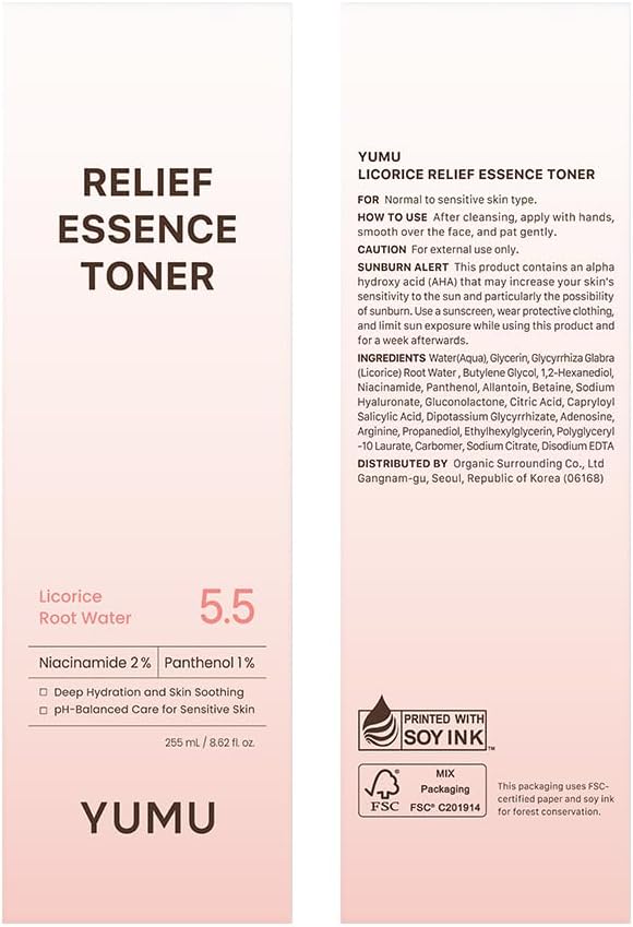 YUMU Licorice Relief Essence Toner for Sensitive Skin, Niacinamide, Panthenol, Fragrance-Free, Soothing & Hydrating (255ml / 8.62 fl. oz.)