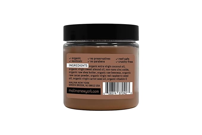 Malina™ Organic Chocolate Tinted Natural Sunscreen | SPF 30+ | Nontoxic | Reef-Safe | No Preservatives | No Synthetic Fragrance | 3 Shades | With Non-Nano Zinc-Oxide (4 Fl Oz, Dark)
