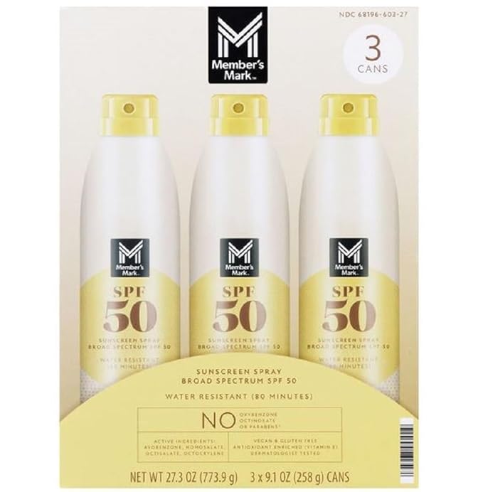 Members Mark SPF 50 Sunscreen Spray, 9.1 oz, 3 Pack – Broad Spectrum UVA/UVB Protection, Water Resistant, Non-Greasy Continuous Spray Sunscreen
