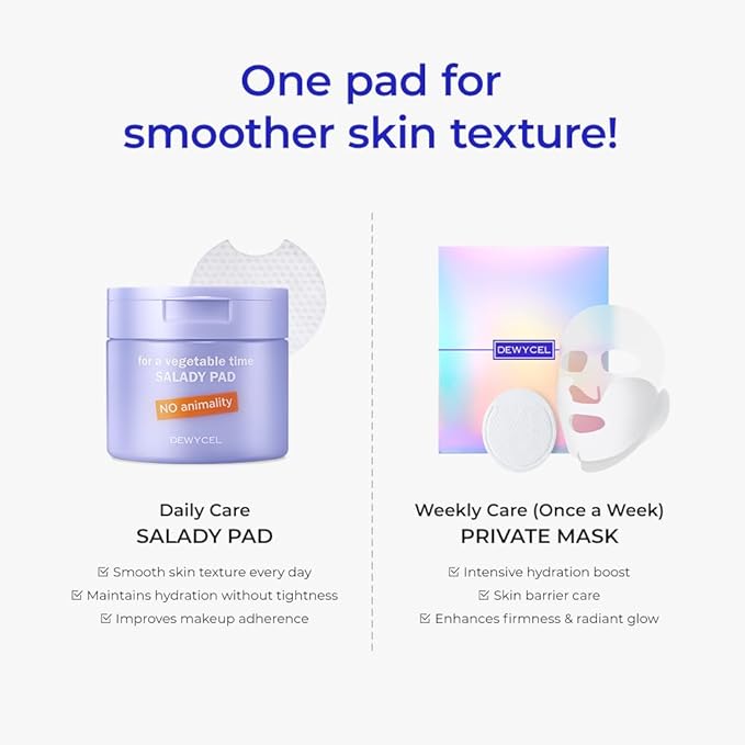 DEWYCEL Salady Pad | Dual-Textured Facial Toner Pads for Exfoliation Pore Care with AHA Lactic Acid & BHA Salicylic Acid | Hydrating Pore Care for Sensitive Skin | Vegan Face Gauze Pads, 70Pads