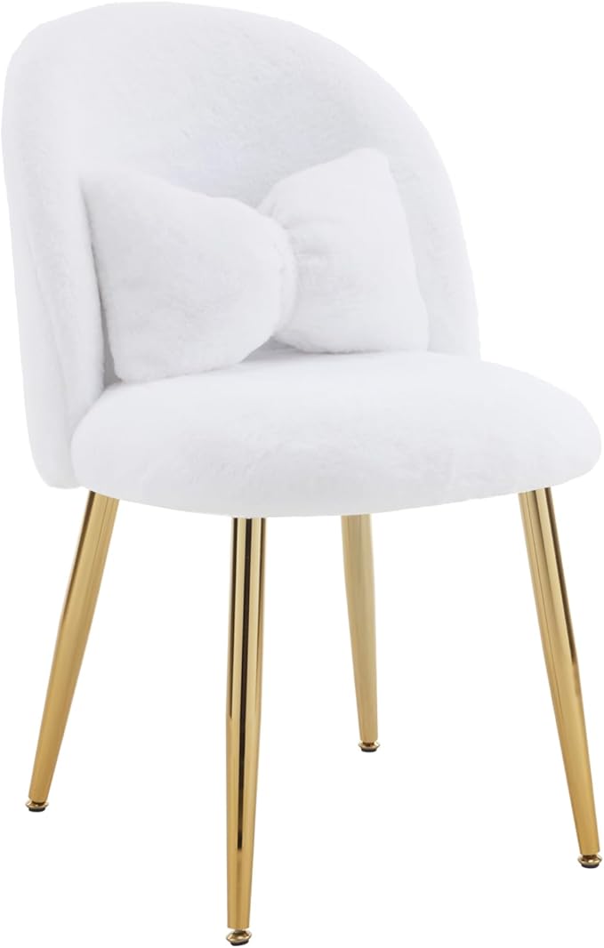 VINGLI Fluffy Girls Vanity Chair with Back & Pillow,Cute Small Cozy Desk Chair No Wheels,Comfy Makeup Ch with Ajustable Gold Legs,for Bedroom,Living Room,Small Space,White