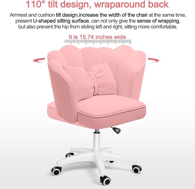 Petal Desk Chair with Bow Cushion Velvet Vanity Chair with Wheels, Upholstered Home Office Chair for Girls Women, Mid-Back Swivel Computer Task Chairs for Living Room Bedroom