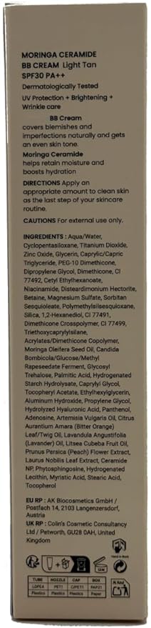 Moringa Ceramide BB Cream SPF 30 PA++27 Light Tan 1 fl oz, Makeup Base, Tone Up Sunscreen for Face, Lightweight, Non-greasy, Hydrating, Natural Finish with SPF 30 PA++