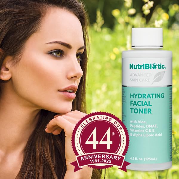 NutriBiotic Hydrating Facial Toner, 4.2 Fl Oz with GSE | with Peptides, Aloe, DMAE, Vitamin C Ester, Tocotrienols & Alpha Lipoic Acid | Vegan & Paraben Free