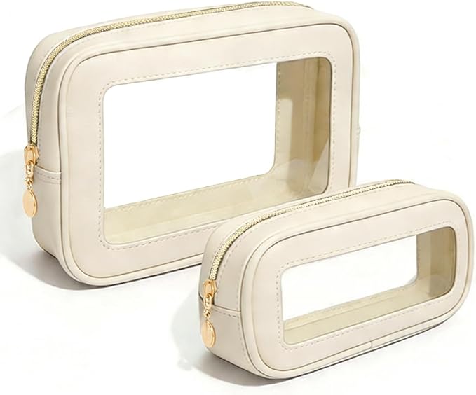 2Pcs Clear Makeup Bags Set, Clear Travel Makeup Brush Holder Leather Makeup Case Toiletry Bag with Zipper Portable Cosmetic Pouch Waterproof Makeup Brush Storage Bag Car Bag for Essentials (White Set)