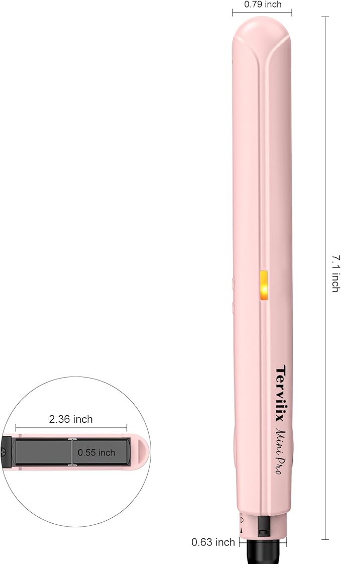 Terviiix Mini Flat Iron Hair Straightener, Adjustable Temperature, Travel-Size, 1/2" Ceramic Plates, Dual Voltage, Auto-Off, Pink