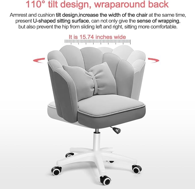 Petal Desk Chair with Bow Cushion Velvet Vanity Chair with Wheels, Upholstered Home Office Chair for Girls Women, Mid-Back Swivel Computer Task Chairs for Living Room Bedroom