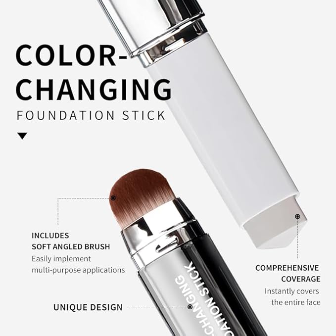 Color Changing Foundation Stick V, Korean Makeup Cream Stick 3 In 1- White Foundation- Full Coverage Hydrating Concealer Balm, 2PCS Dual-Ended With Detachable Brush
