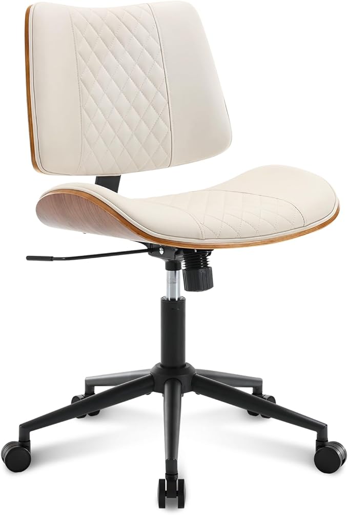 Home Office Chair No Arms with Wheels, Adjustable Height Small Desk Chair, PU Leather Mid Back 360 Swivel Computer Chair, Armless Modern Walnut Chair for Office, Reading Meeting Room(Beige)