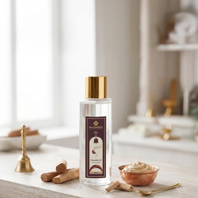 Pujashree 100% Pure Chandan Jal - 100 ML Glass Bottle with Spray Pump | Organic & Natural Sandalwood Water | Soothes, Hydrates Skin & Face Toner | Puja Chandan Sandal Holy Water
