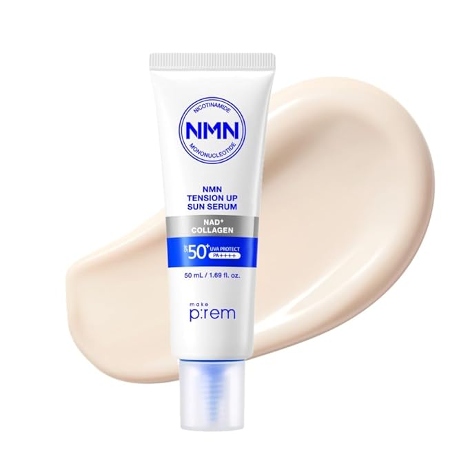 MAKE P:REM NMN NAD+ Collagen Sun Serum SPF 50, Korean Sunscreen, Lightweight Facial Sunscreen Serum with Broad Spectrum UV Protection, Hydrating Makeup-Friendly Sunscreen, 1.69 fl oz (50ml)