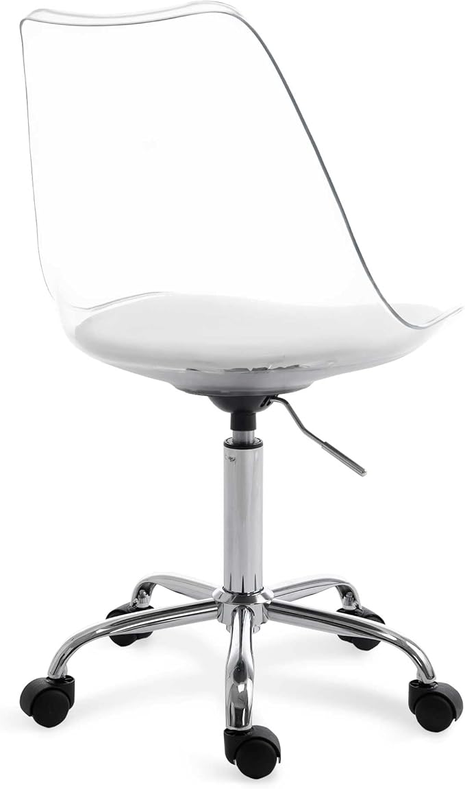 HOMEFUN Clear Desk Chair with Cushion, Armless Acrylic Rolling Chair Height Adjustable Ghost Swivel Molded Plastic and Wheels, Clear