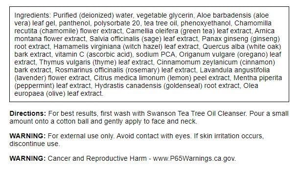 Swanson Tea Tree Oil Facial Toner with Witch Hazel 8 Ounce (237 ml) Liquid