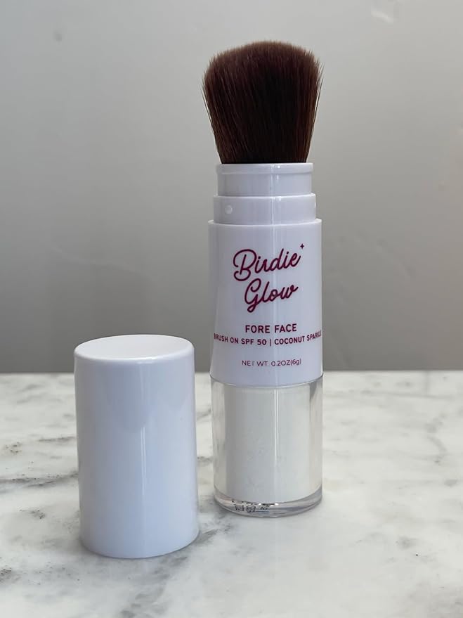 Birdie Glow Brush on SPF 50| Beach Essentials, Zinc Oxide Mineral Sunscreen Powder SPF, Face Sunblock, Brush On Sun Screen Protector for Face and Body, 0.20oz