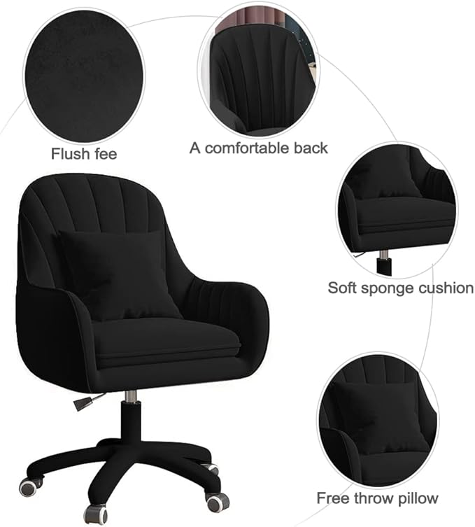 Velvet Desk Chair with Pillow Upholstered Vanity Chair for Girls Women, Home Office Computer Task Chair with Wheels Swivel Rolling Accent Chair for Living Room, Bedroom