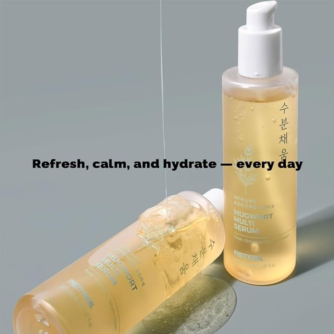 PRETTYSKIN Hydrating Facial Serum with Mugwort & Centella – 4-in-1 Korean Skincare (Toner, Emulsion, Serum, Cream) with Niacinamide for Dry & Sensitive Skin – 5.07 fl oz (Mugwort)