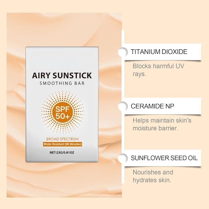 Airy Sunstick Smoothing Bar SPF50+ 0.81oz | Lightweight Non-Greasy Sunscreen Stick for Face & Body | Water-Resistant, Portable Sun Protection for Outdoor & Beach (1 Pack)