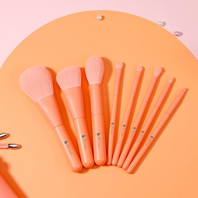 DUcare Makeup Brush Set with Case, 8 Piece Professional Sunrise Orange Brushes, Synthetic Fiber Vegan Brushes with Travel Storage Bag for Foundation Blush Contour Eyeshadow Blending Detailing