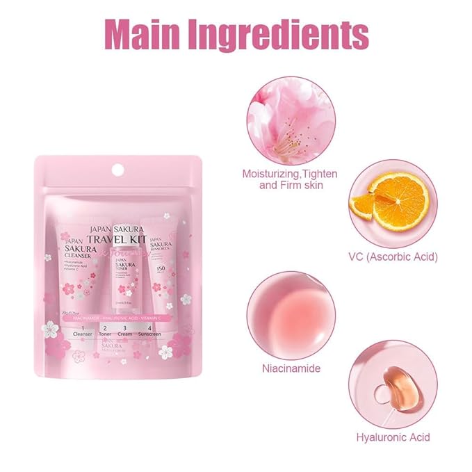 Sakura Travel Skincare Set for Teenage Girls,4 Pcs/Set Sakura Skin Care Set With Cleanser, Toner,Face Cream and Sunscreen,Travel Essentials for Women-Cleansing,Hydrating and Sun Protection