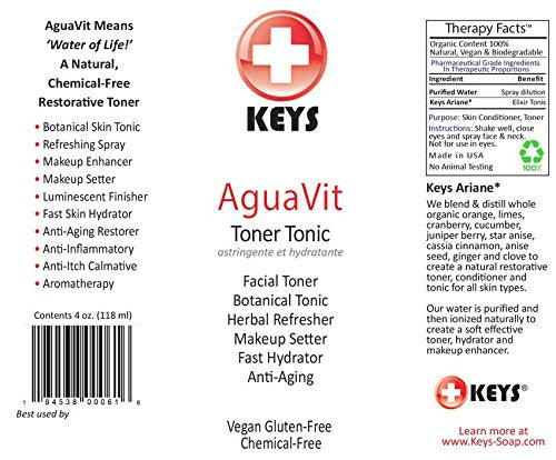 Keys AguaVit All Natural, Chemical-Free, Organic Vegan Botanical Restorative Toner Tonic, Spray Refresher, Fast Skin Hydrator, Makeup Setter, Light Fresh Aromatherapy, 4 ounces