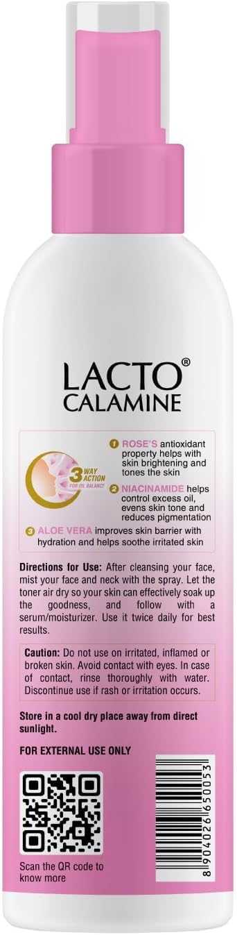 Lact'o Calamin'e Rose Water Toner for Glowing Skin | 120ml | Gulab Jal Face Toner | Rosewater with Aloe Vera & 2% Niacinamide | Moisturises Skin | No Sulphate, Alcohol, & Parabens