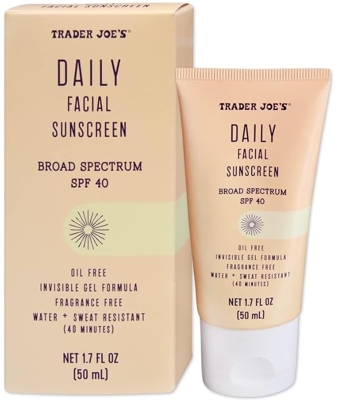 Trader Joe's Daily Facial Sunscreen Broad Spectrum SPF40, oil free invisible, gel formula, fragrance free, water + Sweat Resistance (2 Pack)