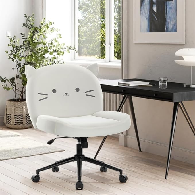 IWMH Armless Office Desk Chair with Wheels,Ergonomic Criss Cross Legged Computer Chair with Fabric Padded, Height Adjustable Wide Seat Vanity Chair,Mid Back Task Chair for Home (White cat)