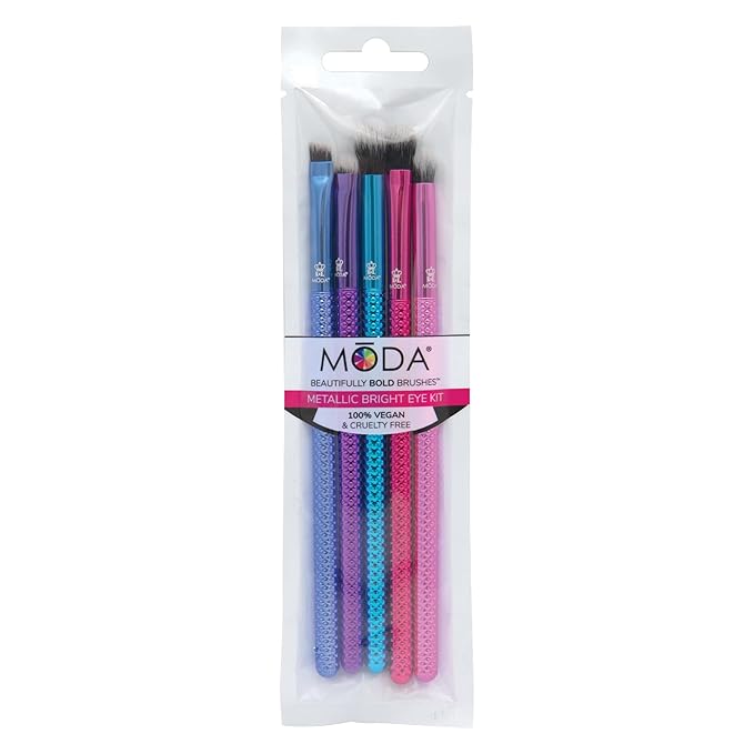 MODA Pro 5pc Deluxe Eye Makeup Brush Kit, Includes - Shader, Crease, Detail, Smudger, and Liner Brushes (Multi-Colored Metallic)
