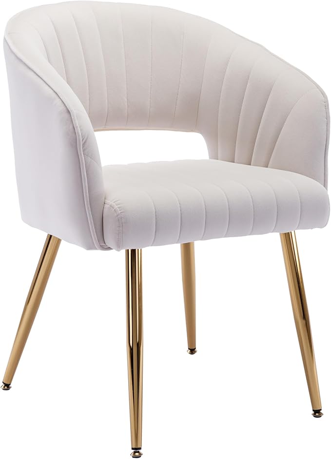 Home Office Chair Velvet Desk Chair Accent Armchair Upholstered Modern Tufted Chairs with Gold Legs for Girls Women Ergonomic Study Seat Computer Task Stools for Living Room(Cream)