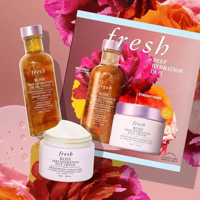 Deep Hydration Duo by Fresh for Women - 2 Pc 3.3oz Rose Deep Hydration Facial Toner, 1.6oz Rose Deep Hydration Face Cream
