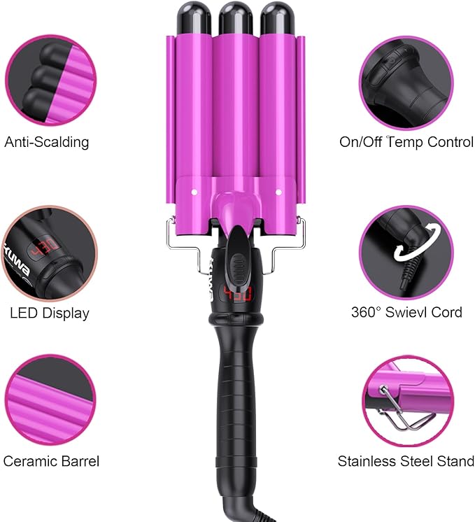 1 Inch Three Barrel Curling Iron,Fast Heating Hair Crimper for Women,Crimper Hair Tool with LCD Temperature Display,60 Min Auto-Off Hair Waver,Dual Voltage WaverHair Tool