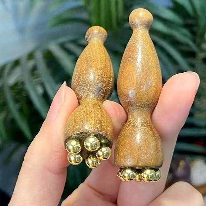 2Pcs Facial Massage Tool for Eye Massage Reduce Puffiness and Dark Circles Facial Meridian Brush Sandalwood Handle Copper Massage Beads Chinese SPA Gua Sha Tool (Sandalwood)
