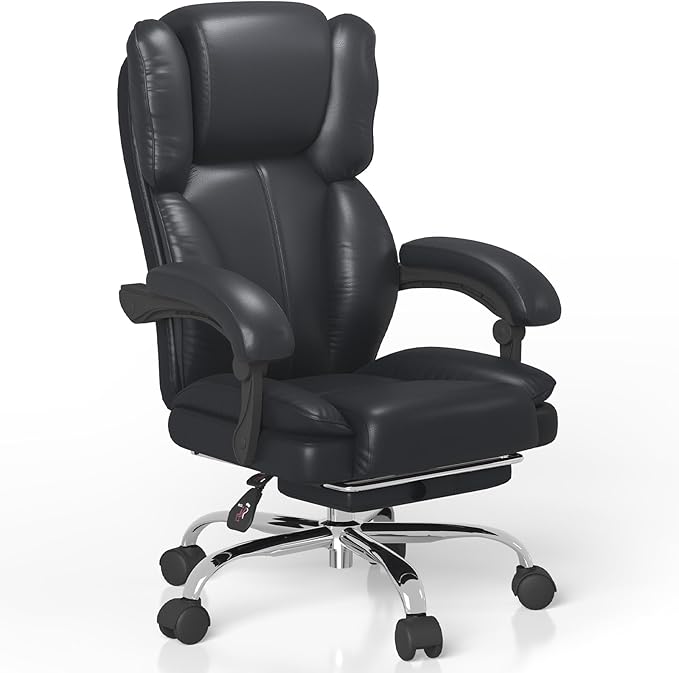 Big and Tall Office Chair, Executive Home Office Desk Chair, Leather Computer Chair with Retractable Footrest, Adjustable Headrest and Reclining Height, Padded Arms, 360°Swivel Free, Wide Seat, Black