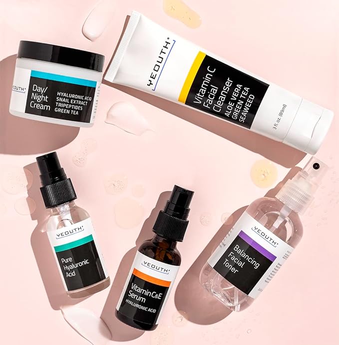 YEOUTH Skin Care Set: Hyaluronic Acid Serum for Face | Vitamin C Facial Serum | Face Cleanser | Skincare Toner & Cream | Hydrating Valentine's Day Skin Care Gift Set 5-Piece