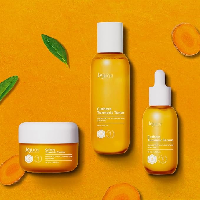 Cuthera Turmeric 3-Piece korean Skincare Set Essence Toner, Serum, Cream - Vegan, Anti-Aging, Hydrating, Moisturizing, Jeju Natural Ingredients, Elasticity care, Pore care, Skin Calming