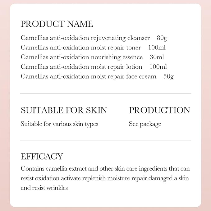 BIOAQUA Camellias Anti-Oxidation Moist Repair Toner Essence Face Cream Cleanser Lotion Camelia Flower Extract Serum Nourishing Emollient Moisturizing Skin Gift Box 100ml+30ml+50g+80g+100ml 5PCS Set