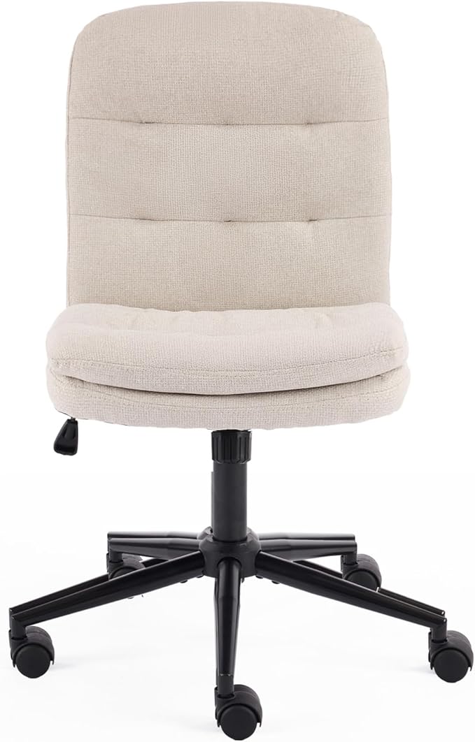 VINGLI Mid Back Armless Office Desk Chair with Wheels/no Wheels,360°Rocking Swivel Vanity Chair with Thickened Cushion,Adjustable Height Rolling for Reading Room, Make up,Linen Beige