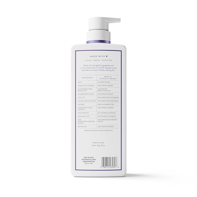 Native Moisturizing Body Wash, Vanilla & Cashmere, 24-Hour Hydration for Dry & Sensitive Skin, Made with Real Shea Butter, Sulfate & Paraben Free, 22 oz