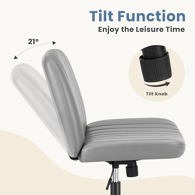 DUMOS Desk Chair No Wheels, Criss Cross Chair Wide Cross Legged Office Desk Vanity Chair, PU Leather Armless Adjustable Swivel Chairs for Home Computer Task,Grey-pu