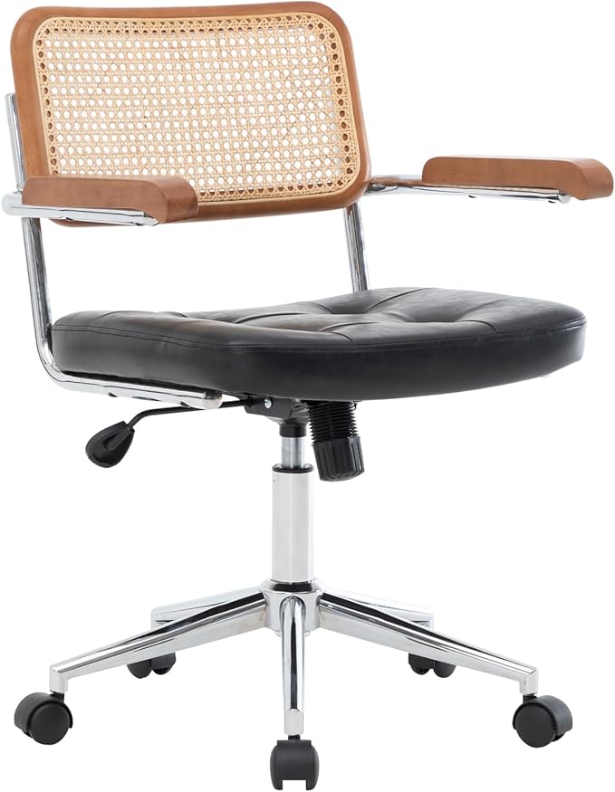 Rattan Office Chairs, Modern Rattan Desk Chair with Natural Back & Wood Armrest, Small Upholstered Tufted Leather Home Office Desk Chairs for Home Office, Bedroom, Study, Black